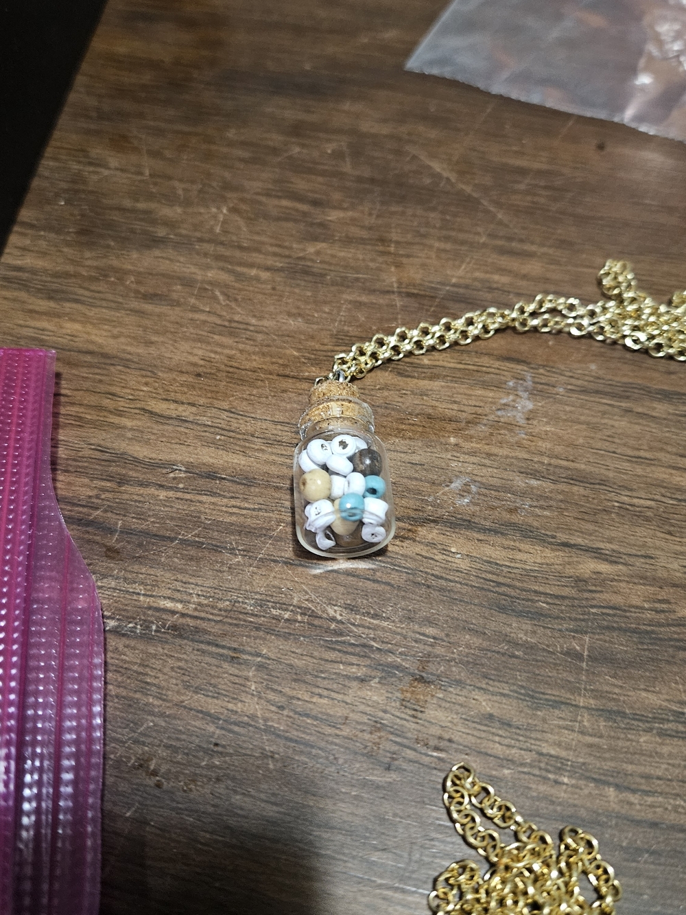 Gold Chain Necklace with Mini Glass Vial Filled with Turquoise and White Beads
